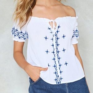 Blue and White off the Shoulder Top